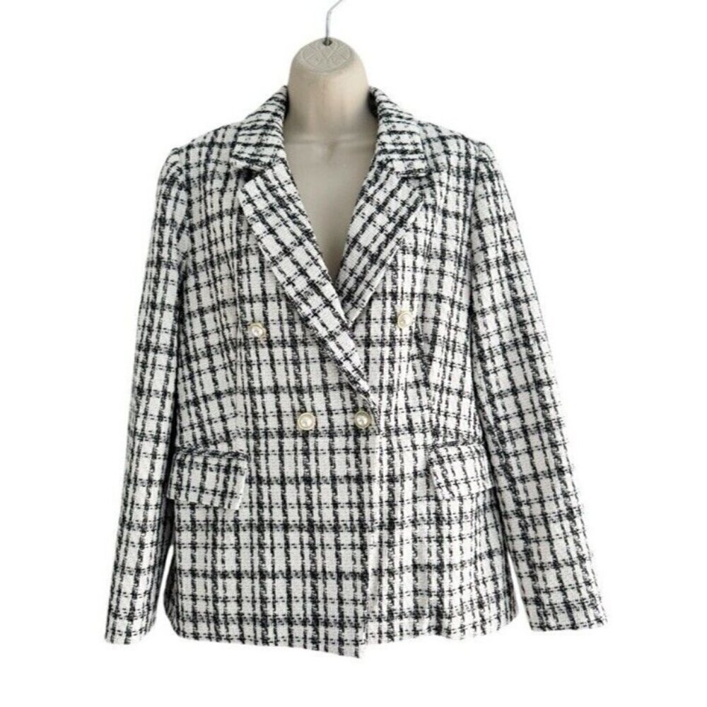 Nanette Lepore Womans Sz 10 Cream Black Glitter Tweed Double Breasted Blazer NWT